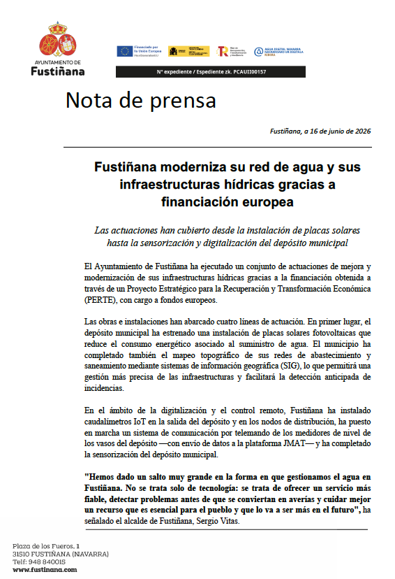 Fustiñana moderniza su red de agua y sus infraestructuras hídricas gracias a financiación europea